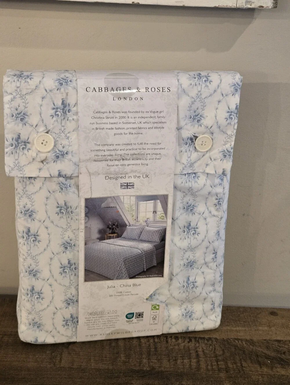 Cabbages & Roses 100% Cotton Percale 4 Pc Full Sheet Set Julia China Blue